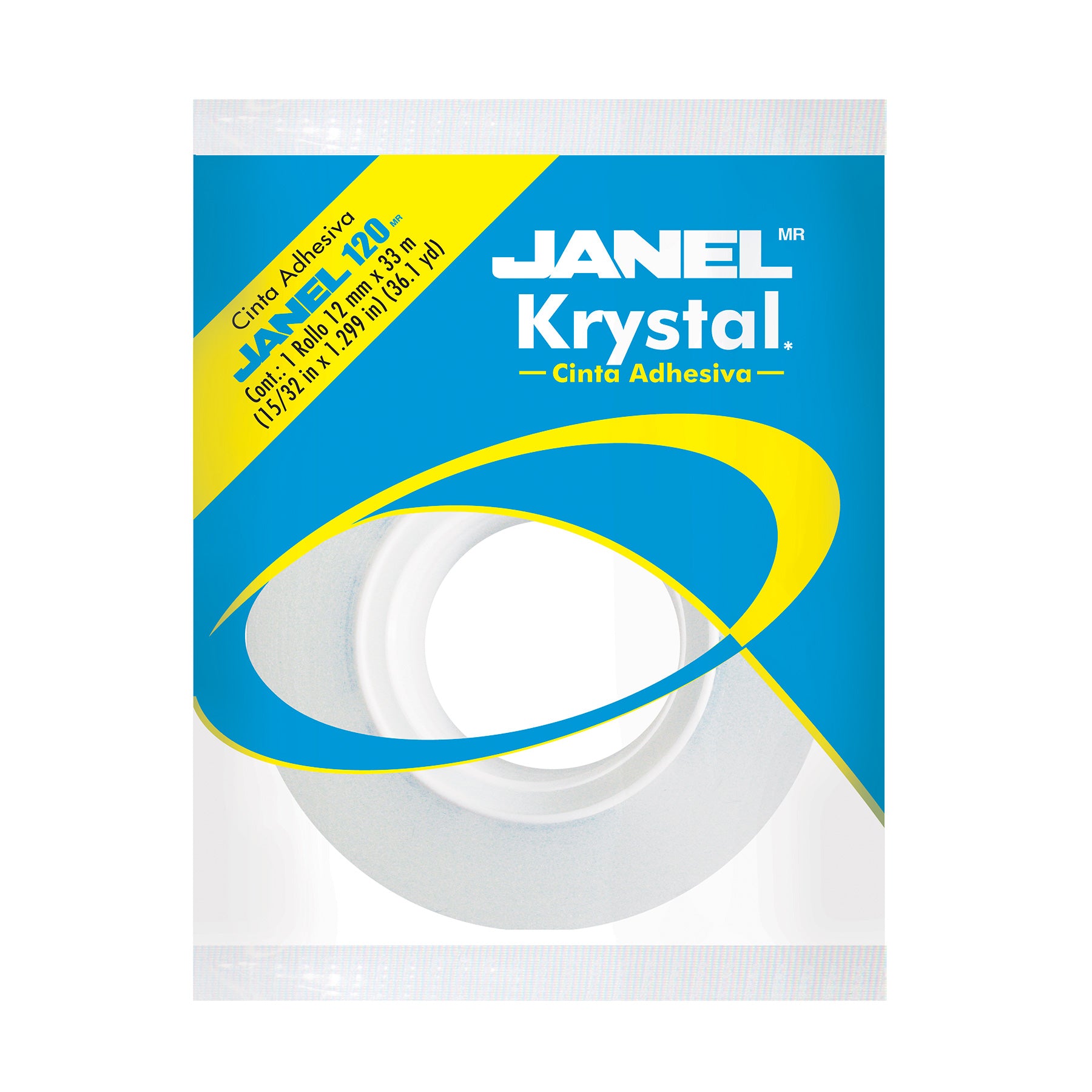 Cinta Adhesiva Janel Krystal 120 (0.18x33m) en Bolsa 40 micras Acrilico Base de Agua Polipropileno Transparente Blanco