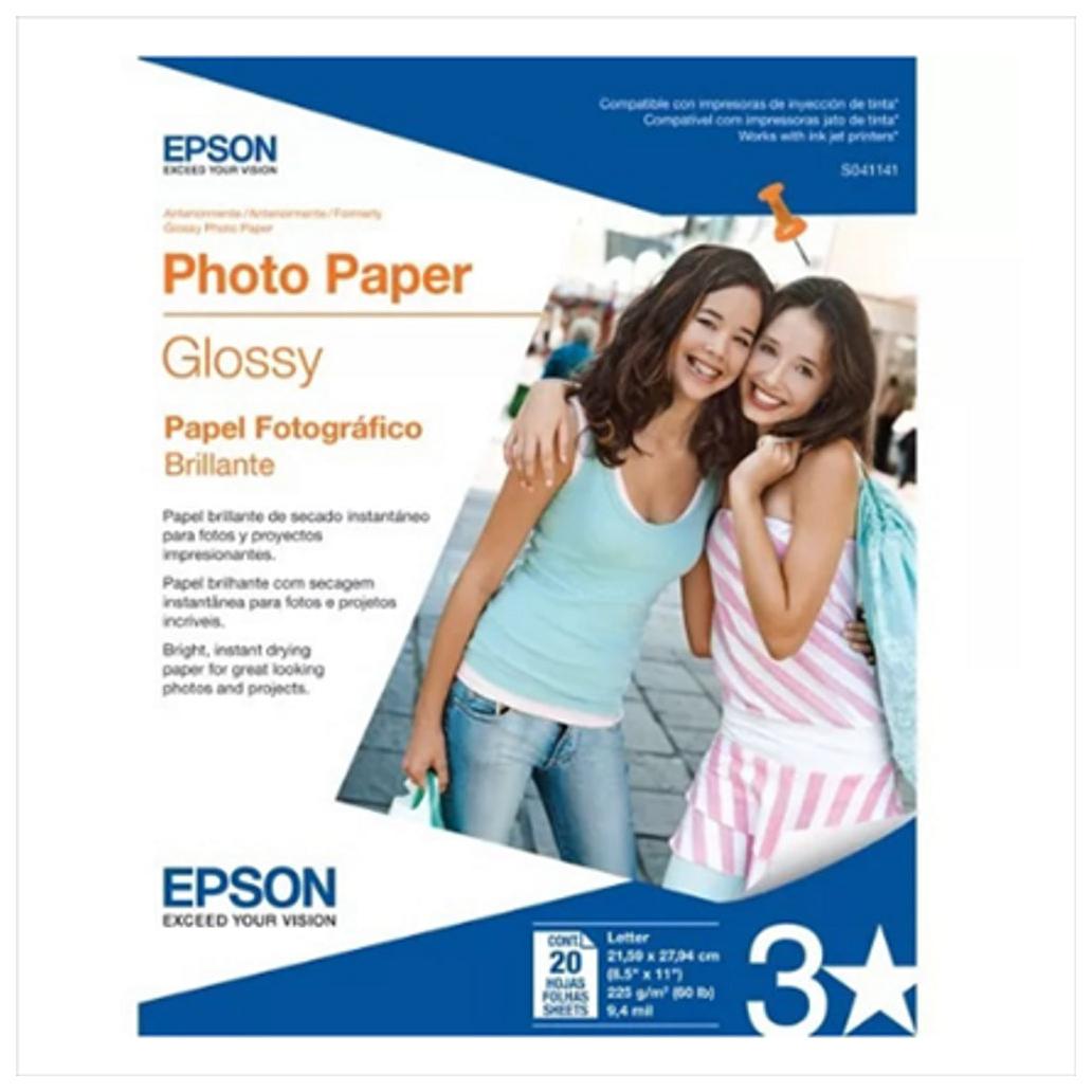 Papel fotografico Epson s041141 8 5x11 Impresora de inyeccion de Tinta tamano carta tipo mate brilloso color blanco 20 hojas