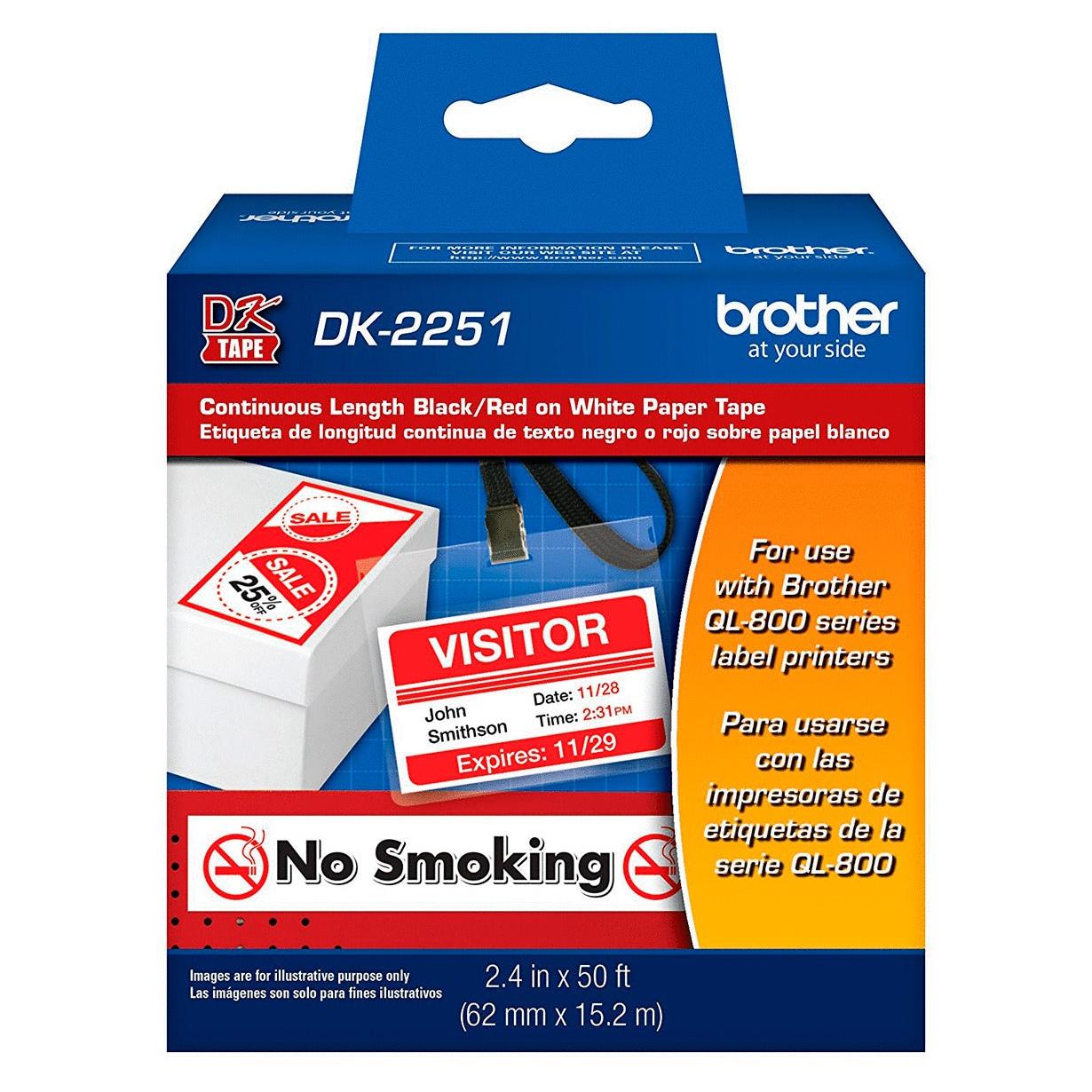 Rollo de Etiqueta Autoadhesiva Brother DK-2251 DK Rojo sobre Blanco Brother QL-800,QL-810W.