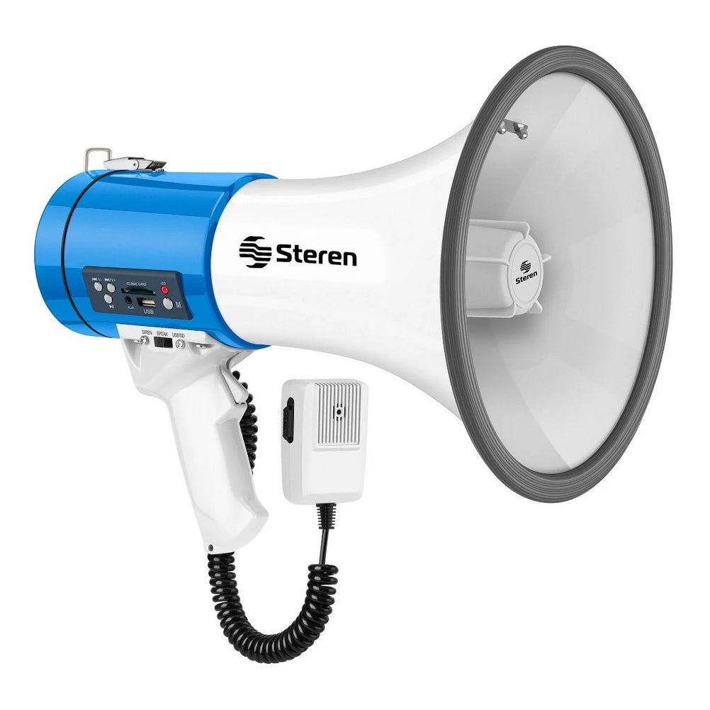 Megáfono de Mano Steren MG-260 25W Reproductor MP3 3.5mm Micrófono Patrullero Blanco, Azul