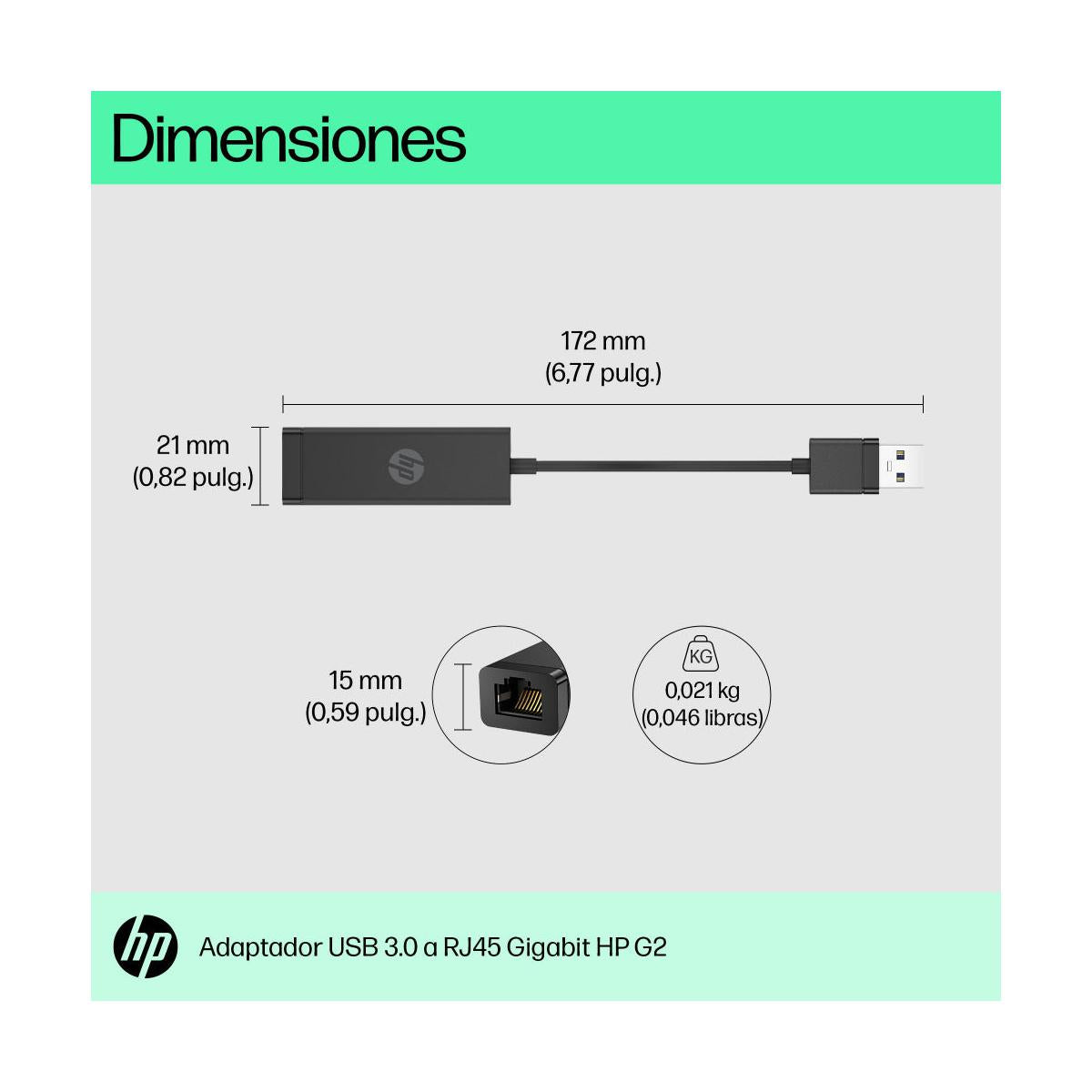 HP Adaptador USB 3.0 Macho - RJ-45 Hembra, Negro
