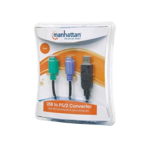 Manhattan Adaptador USB A - PS/2, 15cm, Negro
