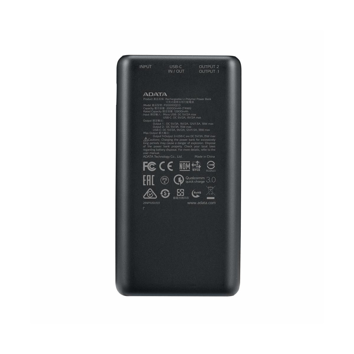 Cargador Portátil Adata P20000QCD, 20.000mAh, Negro