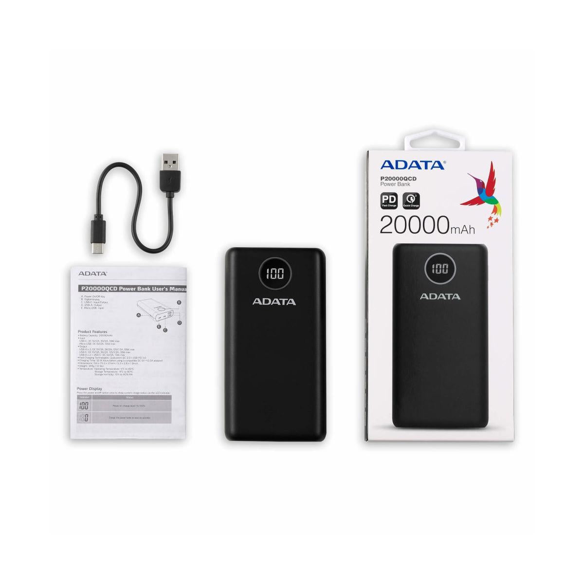 Cargador Portátil Adata P20000QCD, 20.000mAh, Negro