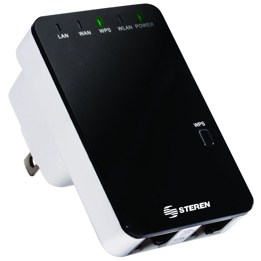 Repetidor de Señal y Punto Acceso Steren COM-818 2 Puertos RJ-45, Inalámbrico Wifi 300 Mbit/s 11 Canales Negro