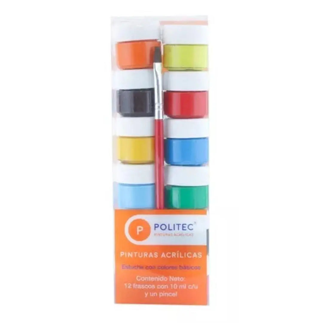 Kit Pintura Acrílica Politec 12 Colores 10 Ml C/u y Pincel
