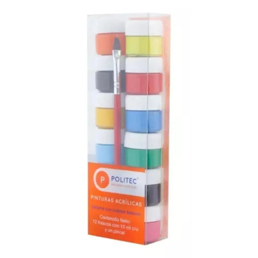 Kit Pintura Acrílica Politec 12 Colores 10 Ml C/u y Pincel