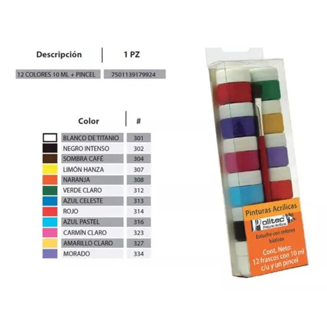 Kit Pintura Acrílica Politec 12 Colores 10 Ml C/u y Pincel