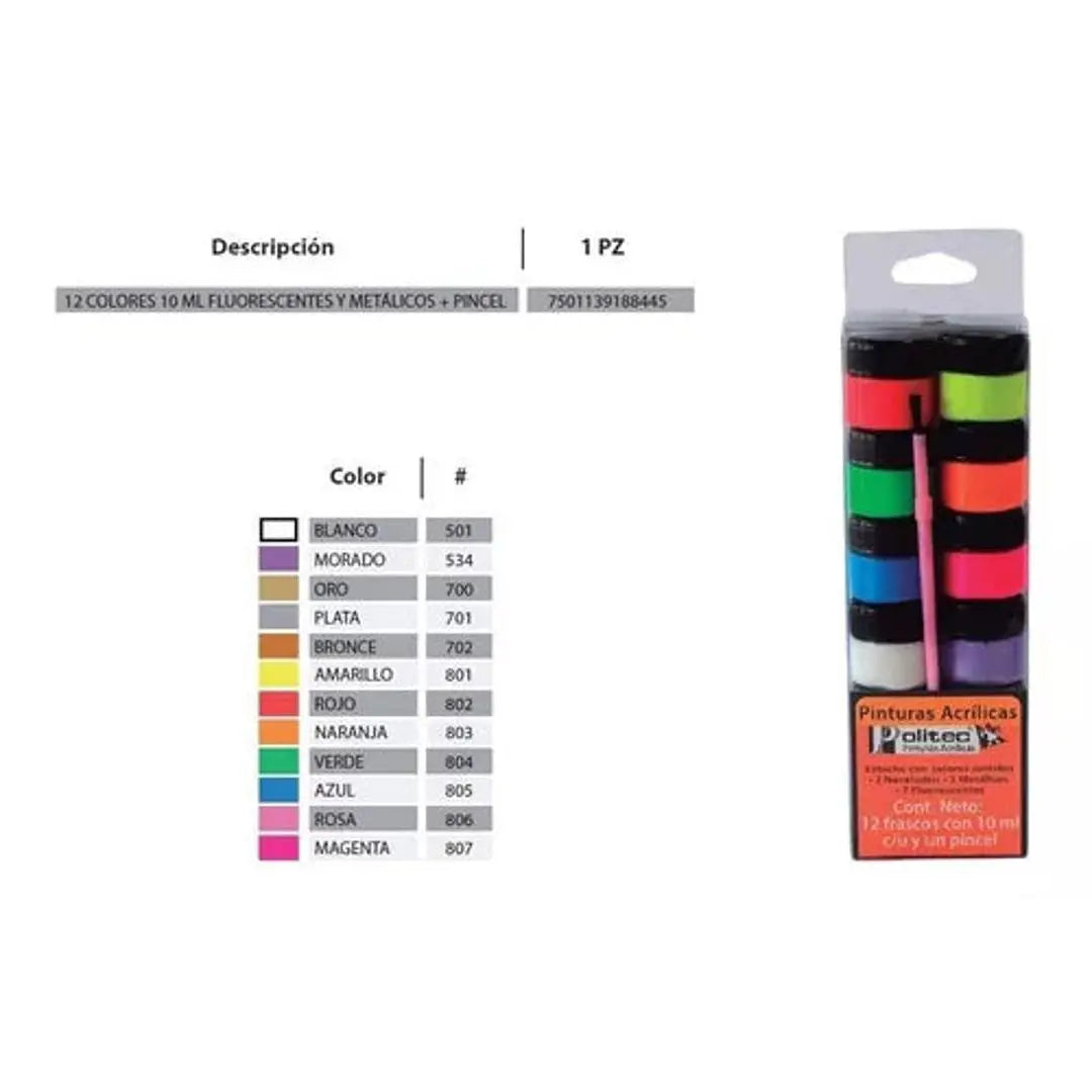 Kit Pintura Acrílica Politec 12 Colores Neón Y Metálicos 10 Ml C/u y Pincel