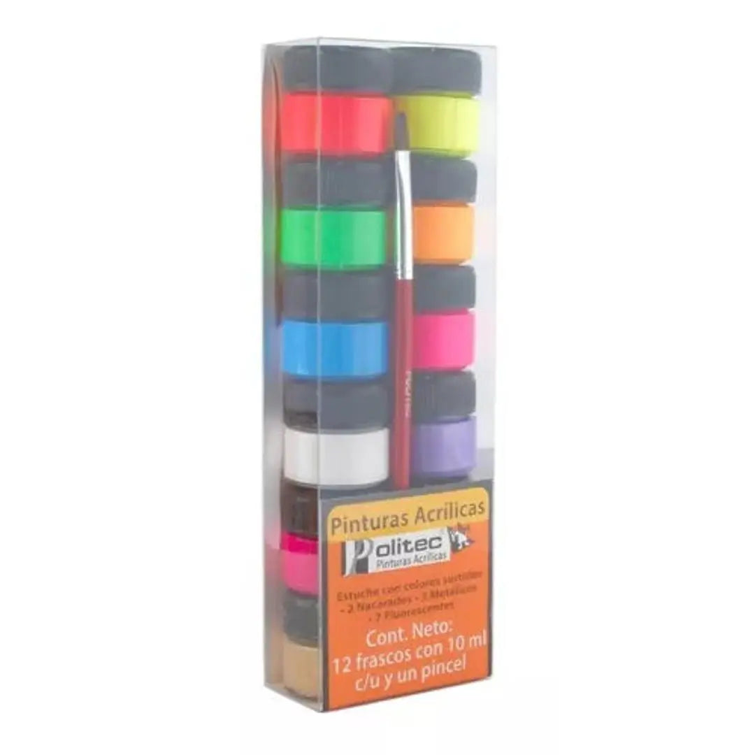 Kit Pintura Acrílica Politec 12 Colores Neón Y Metálicos 10 Ml C/u y Pincel