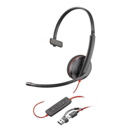 POLY Auriculares monoaurales USB-C Blackwire 3210 + adaptador USB-C/A (A granel)