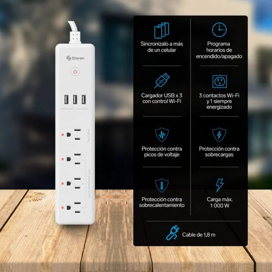 Multicontacto Wi-Fi* de 4 salidas horizontales y triple cargador USB