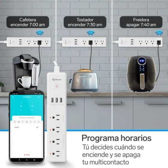 Multicontacto Wi-Fi* de 4 salidas horizontales y triple cargador USB
