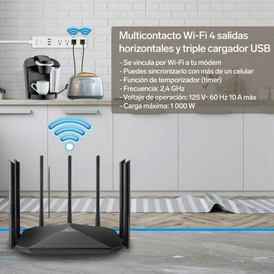 Multicontacto Wi-Fi* de 4 salidas horizontales y triple cargador USB