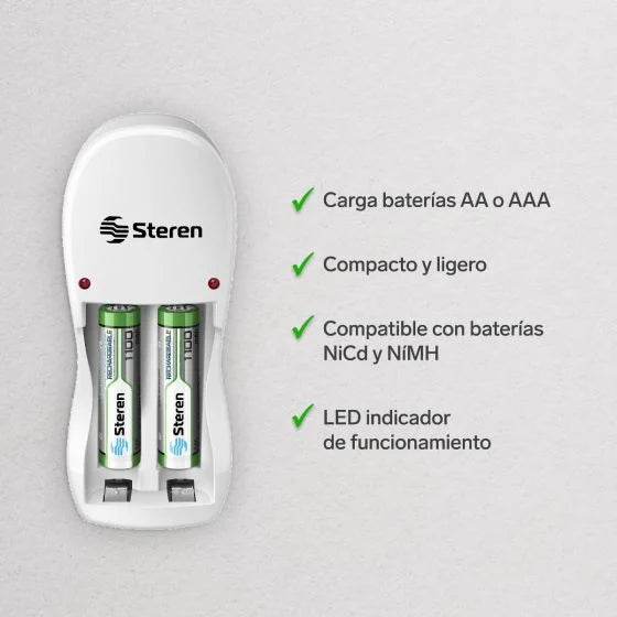Mini cargador de pilas "AA y AAA". Incluye 2 pilas AAA