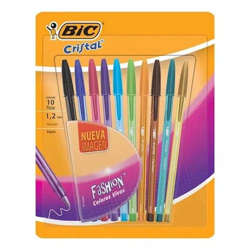 Pluma Bic Cristal Fashion Escritura Colorida 1.2 Mm 10 Pzs