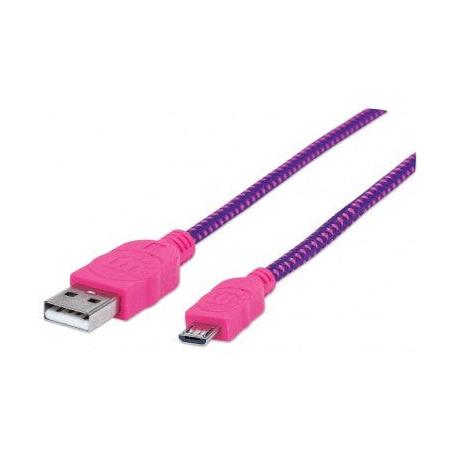 Manhattan Cable con Recubrimiento Textil USB 2.0 A Macho - Micro USB 2.0 B Macho, 1.8 Metros, Rosa/Morado