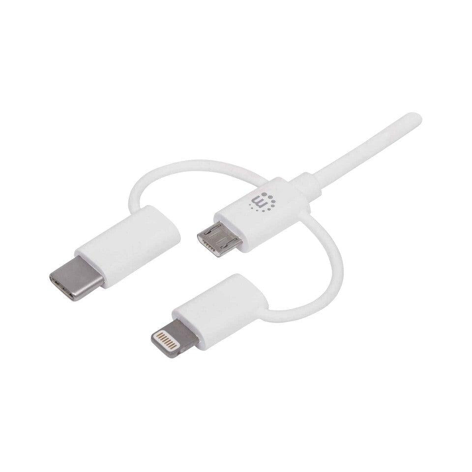 Manhattan Cable USB A - Micro USB B/USB C/Lightning Macho, 1 Metro, Blanco