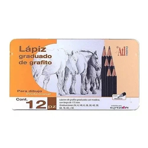 Lápices De Grafito Estuche Metal Madera Dibujo Atl 12 Piezas