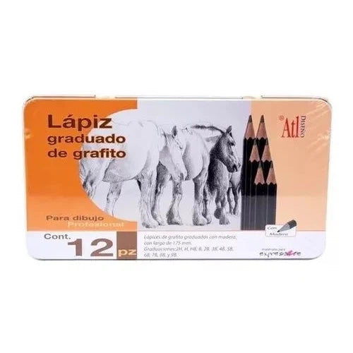 Lápices De Grafito Estuche Metal Madera Dibujo Atl 12 Piezas