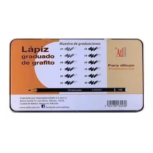 Lápices De Grafito Estuche Metal Madera Dibujo Atl 12 Piezas