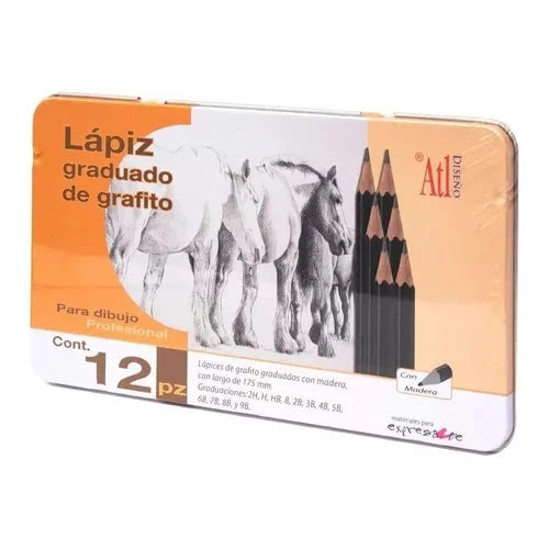 Lápices De Grafito Estuche Metal Madera Dibujo Atl 12 Piezas