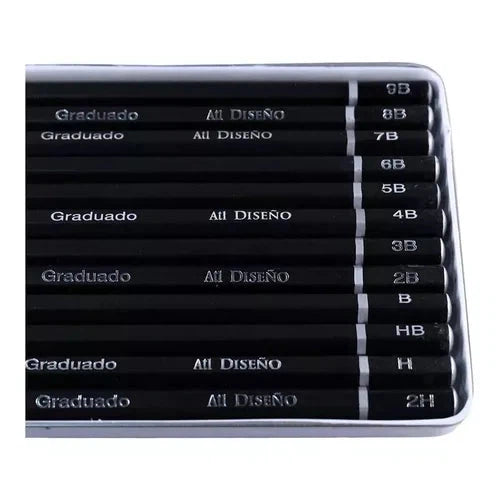 Lápices De Grafito Estuche Metal Madera Dibujo Atl 12 Piezas