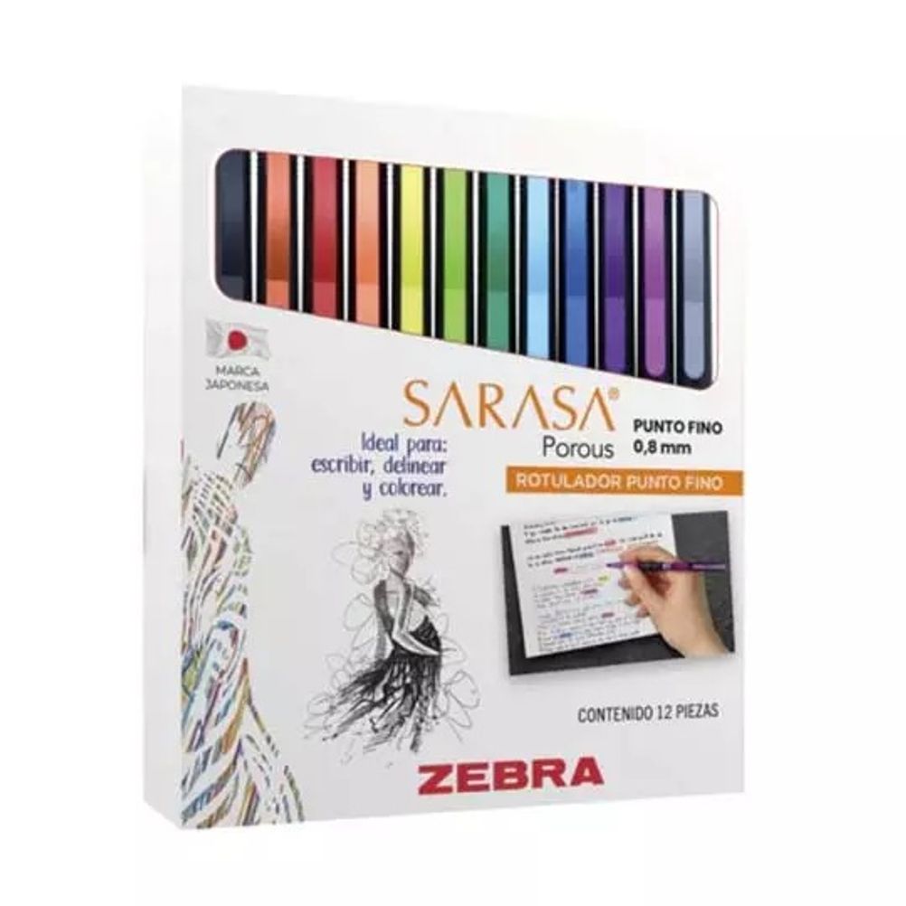 Marcador Zebra Sarasa Porous Punta Fina 0.8mm Base de Acetona Colores Variados Estuche con 12 Pieza(s)