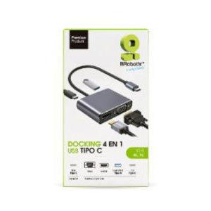 BRobotix Docking Station 4 en 1 USB C, 1x USB 3.0, 1x HDMI, 1x USB 3.0, 1x VGA, 1x USB C, Plata