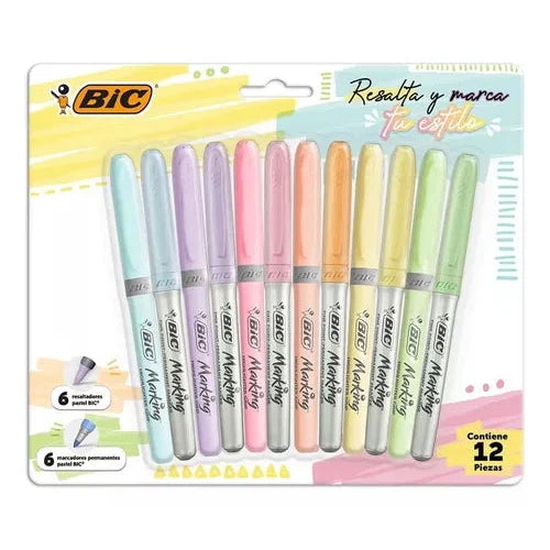 Plumón Bic Permanente Pastel Y Resaltadores Pastel 12 Piezas