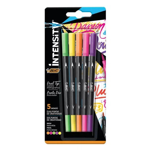 Plumón Bic Intensity Doble Punta Punto Fino Y Pincel 5 Pzas