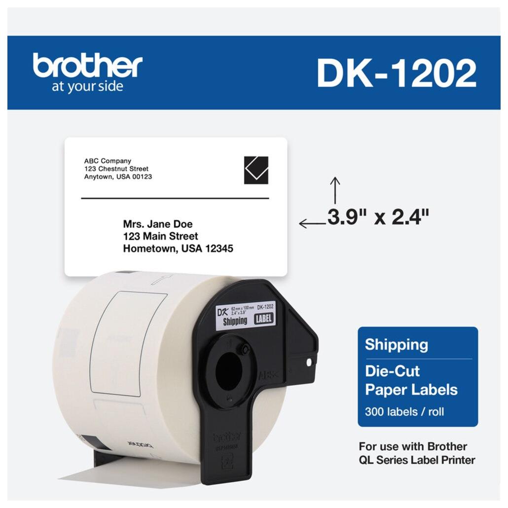 Rollo de Etiqueta Autoadhesiva Brother DK1202 DK Blanco 300 Etiquetas.