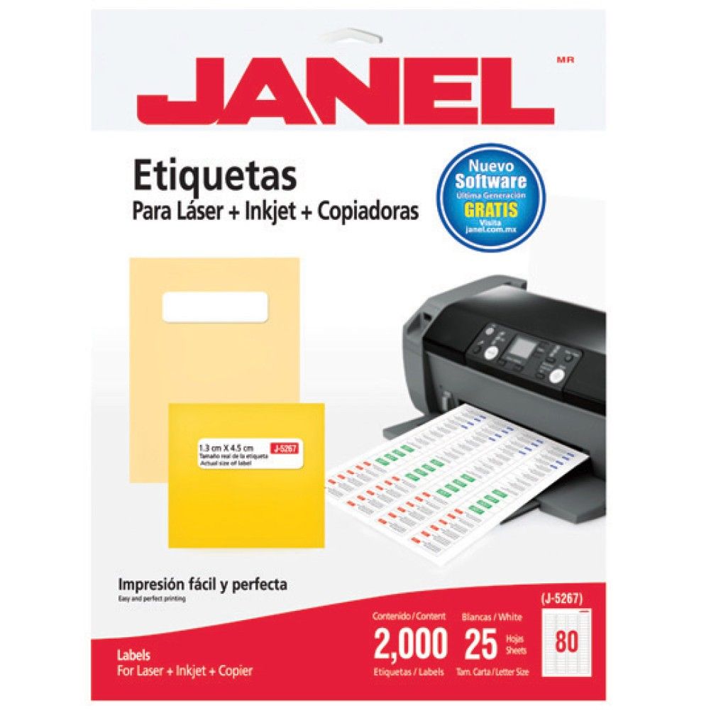 Etiquetas Autoadhesivas Janel Laser 1.3 X 4.5 CM , Inyección de Tinta 2000 Pieza(s) Blanco