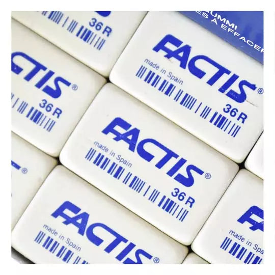 Goma Factis 36RB color blanco caja con 36 gomas rectangulares