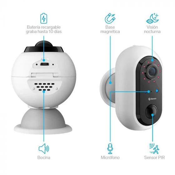 Cámara de seguridad Wi-Fi* 2 Mpx fija con batería recargable, compatible con asistentes de voz