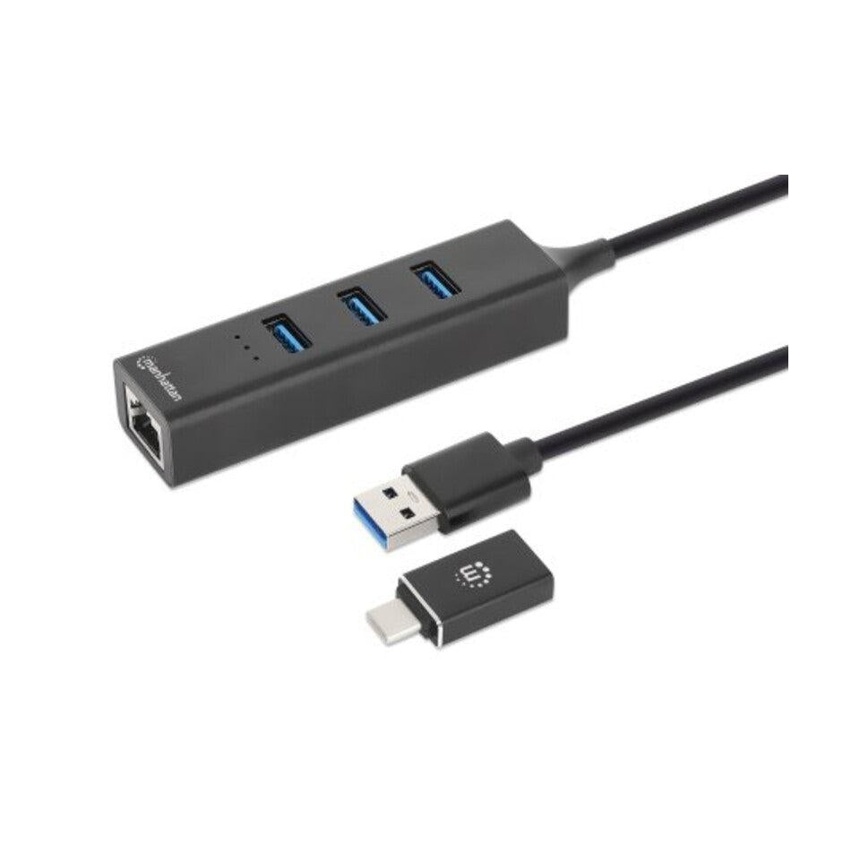 Manhattan Hub USB Macho - 3 Puertos USB Hembra,1x RJ-45, 5000Mbit/s, Negro