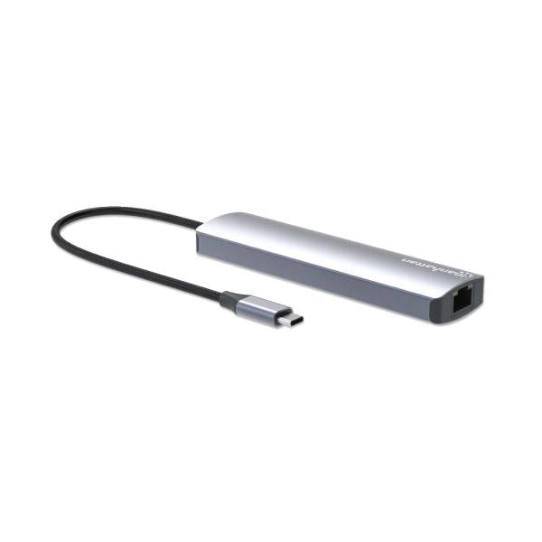 Manhattan Hub USB-C Macho - 2x USB-A, 1x USB-C, 1x HDMI 1x RJ-45, 1x SD, 1x, Micro SD, Gris