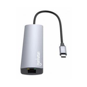 Manhattan Hub USB-C Macho - 3x USB 3.0, 1x USB-C, 1x HDMI 1x RJ-45, Gris