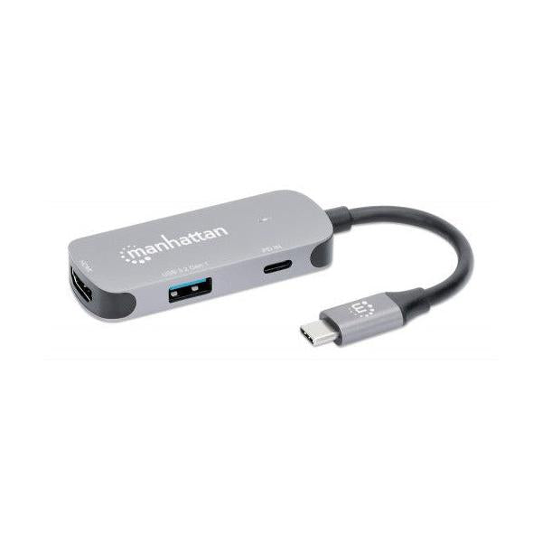 Manhattan Hub USB-C Macho, 1x HDMI 1x USB-A 3.2, 1x USB-C PD, 5 Gbit/s, Gris