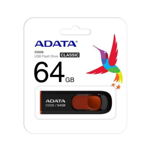 Memoria USB Adata C008, 64GB, USB 2.0, Negro/Rojo