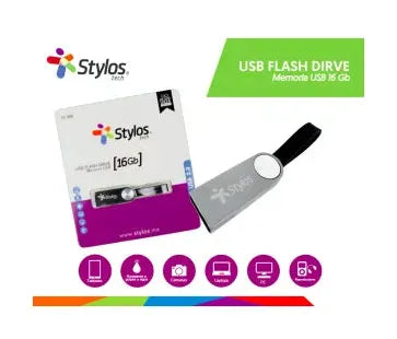 Memoria USB Stylos ST300, 16GB, USB-A 2.0, Lectura 80MB/s, Escritura 50MB/s, Gris