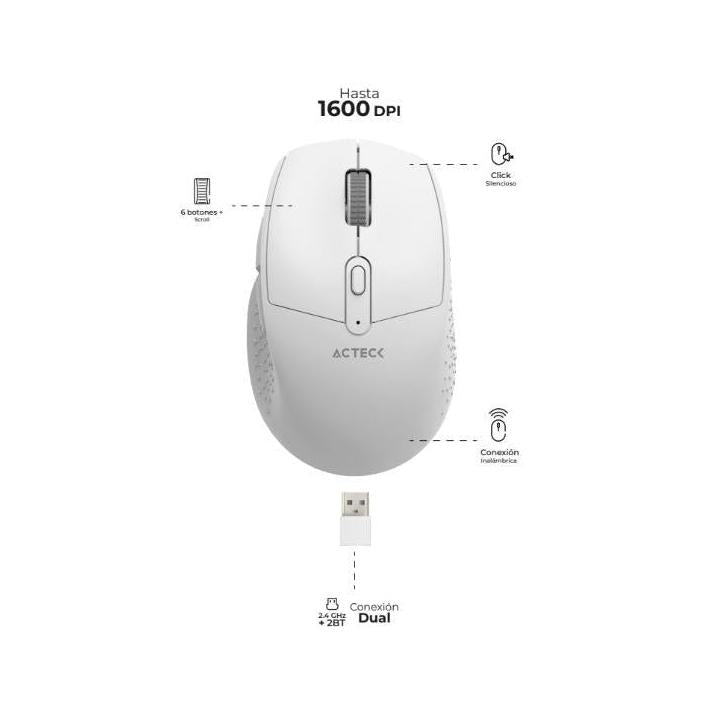 Mouse Ergonómico Acteck Óptico Optimize Ergo MI680, Inalámbrico, USB-A, 1600DPI, Blanco
