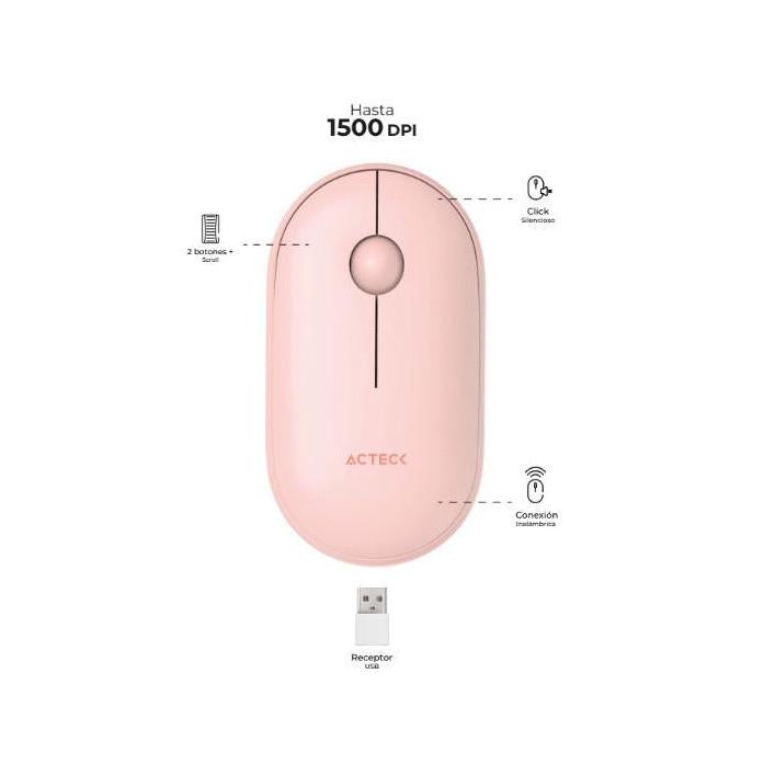 Mouse Acteck Óptico Optimize Edge MI460, Inalámbrico, USB-A, 1600DPI, Rosa
