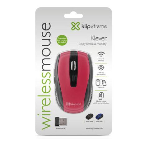 Mouse Klip Xtreme Óptico KMW-340RD, Inalámbrico, USB, 1600DPI, Rojo