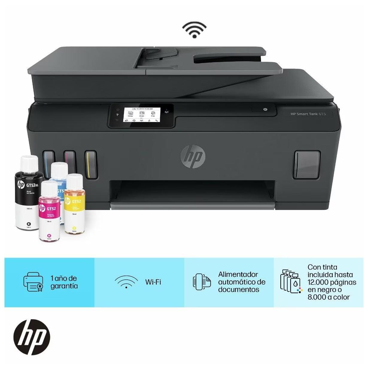 Impresora Multifuncional HP Smart Tank 615, Color, Inyección, Inalámbrico, Print/Scan/Copy/Fax