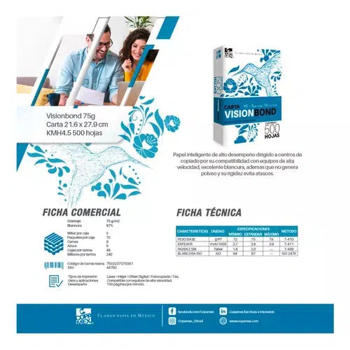 Papel Vision Bond Copamex Blanco 75 Gramos Carta 500 Hojas
