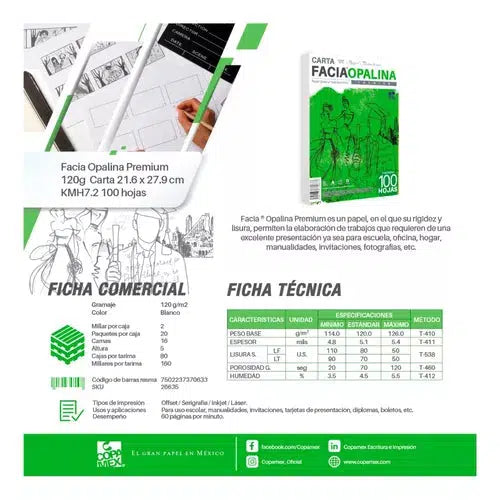 Hoja Opalina Papel Facia Copamex Blanca 120 G Carta 100 Hojas