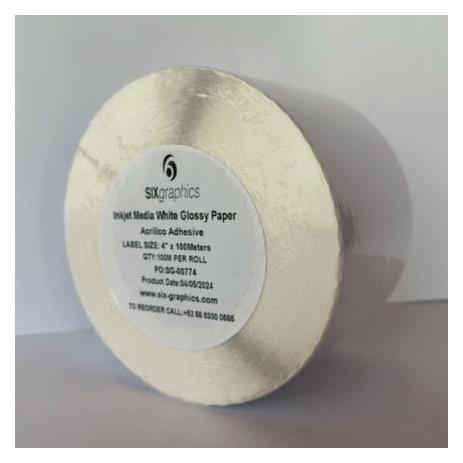 Papel Six Graphics Blanco Brillante Adhesivo Acrilico Respaldo 4 x 100 Metros Largo Core 3