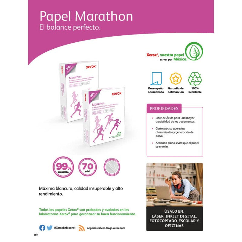 Caja de Papel Bond Xerox Marathon Tamaño Carta 70G/M² C/5000 Hojas.