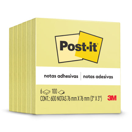 Notas Adhesivas 3M Post it 3x3 con 100 Hojas Paquete C/6 Block Color Amarillo